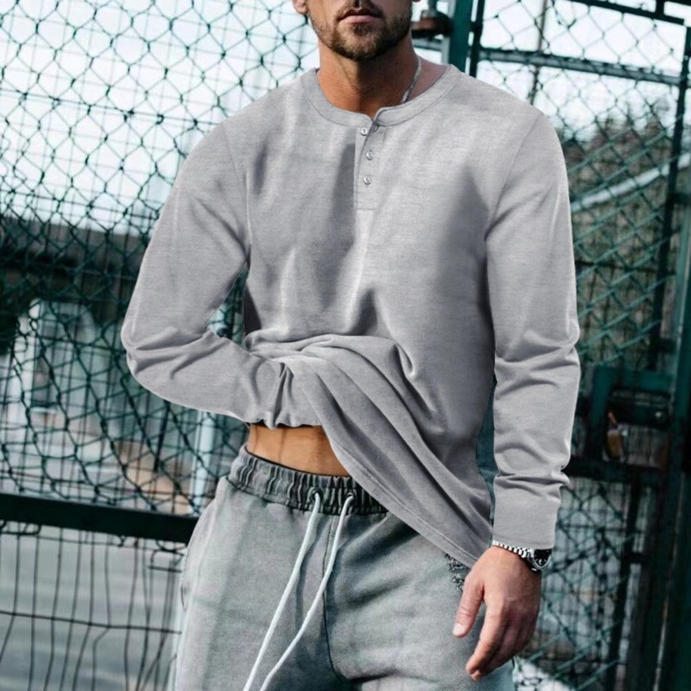 Stylish Men's Long Sleeve Henley Shirt in Gray